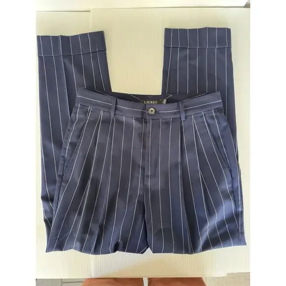 Lauren Ralph Lauren Black Label Pleated Navy Pinstripe Cuffed High Waist Sz 4 - Picture 10 of 14